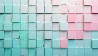 Colorful retro mosaic background with pixel-style square tiles in pastel pink, mint green, and faded blue