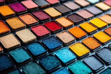 Vibrant array of watercolor paint pans displaying a spectrum of bold colors and textures