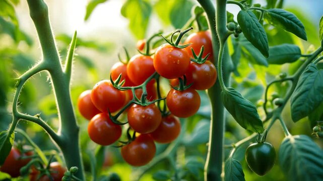Grow light illuminating a bush of ripe tomatoes.