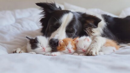 Fototapeta premium Dog and kittens sleeping together (1)