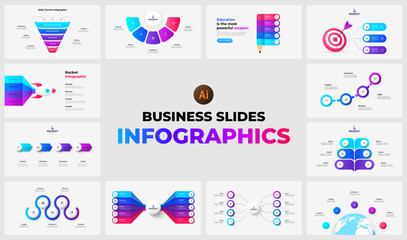 Infographic templates ideal for presentations, including charts, graphs, and flows, suitable for business, marketing, and education. Enhance your slideshow with these visually impressive designs