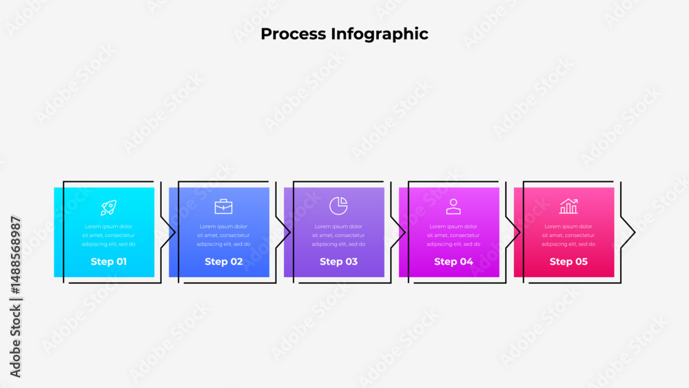 Poster Infographic showcasing a five step process using colored boxes and icons, illustrating workflow or data progression visually and effectively for business or educational purposes