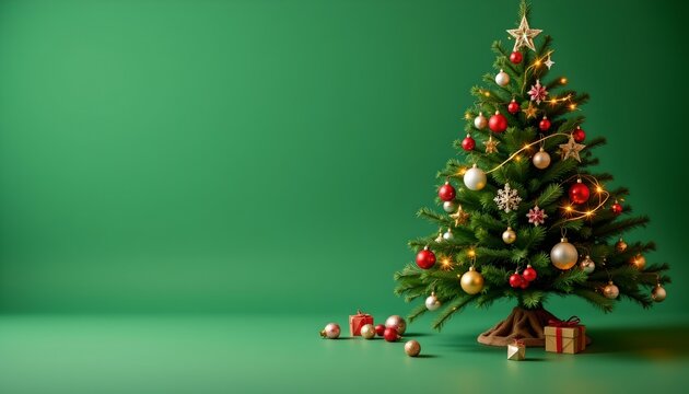a festive green christmas tree adorned with red and gold ornaments and lights, set against a vibrant green background, is placed on a white surface in front of a stack of gifts and a small dog figurin