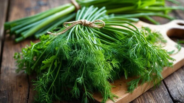 Wooden setting with a bunch of fresh organic dill