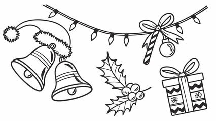 A black and white line drawing of Christmas bells, a Santa hat, a string of lights, a holly branch, a candy cane, and a Christmas ornament.