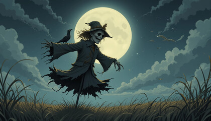 Creepy scarecrow with a crow perched on its arm under a full moon in a dark, atmospheric setting
