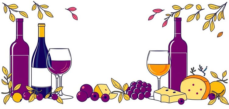 wine bottles, glasses, cheese, grapes, autumn setting clip art preview
