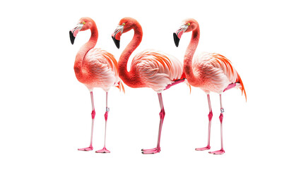 Three pink flamingos standing, full-body shot, cut out