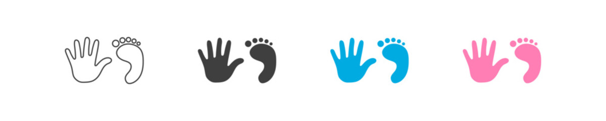 Baby hand icon set. Print hand icon in vector design style. Graphic sign baby hand and foot. Boy and girl icons