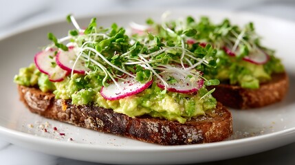 Two avocado toasts beautifully arranged with radish and sprouts on a white plate, ready to eat.