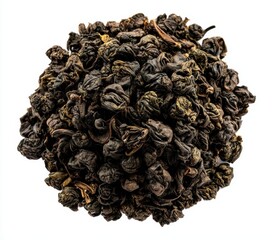 Dry oolong tea leaves sit isolated on a white background