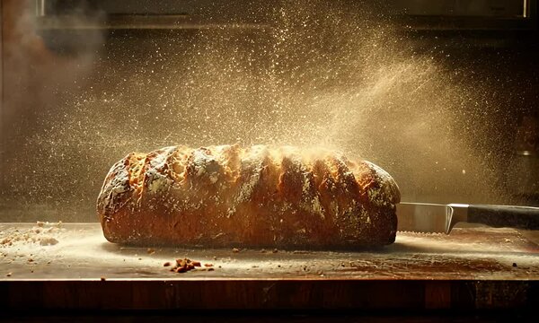 A rustic bread is sliced, causing crumbs and flour to explode, with a beautiful light, creating a dramatic and appetizing scene