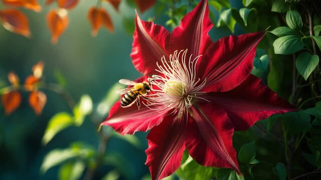 Red clematis flower with a bee.