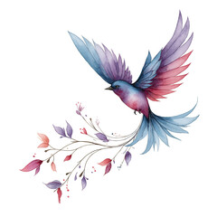 Obraz premium An elegant bird takes flight with watercolor leaves on a white backdrop.