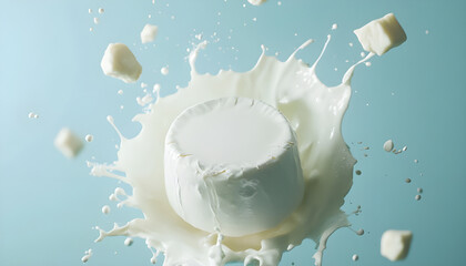 vacuum-sealed traditional halloumi with package placed at the center of a splash of white milk, photorealistic style. Around it, flying cheese pieces and dynamic milk splash advertisement