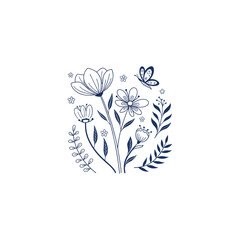 Blue flower vector abstract floral background with butterflies