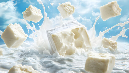 vacuum-sealed traditional halloumi with package placed at the center of a splash of white milk, photorealistic style. Around it, flying cheese pieces and dynamic milk splash advertisement