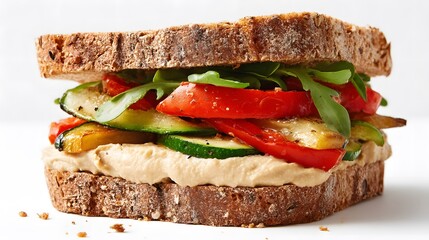 A beautifully stacked vegetarian sandwich with grilled vegetables, hummus, and fresh arugula.