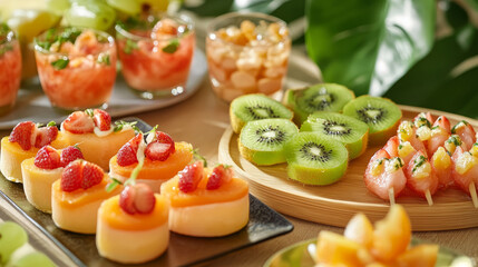 &ldquo;Summer picnic spread featuring finger foods and fresh fruit.&rdquo;

