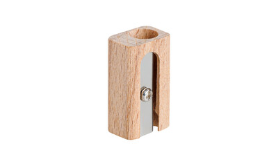 Closeup of a wooden pencil sharpener on white isolated backdrop. Perfect for school supplies, office use, and global stationery needs.