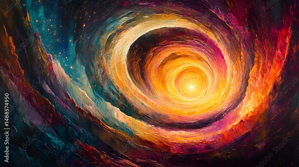 Poster a vibrant abstract vortex of color and light, resembling a nebula. radiating from a yellow center, i