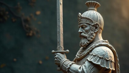 Fototapeta premium Stone statue of a warrior, eroded by time, sword raised, stone carving, victory, damaged