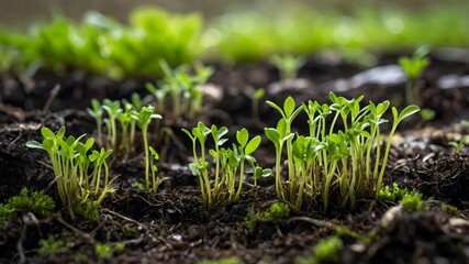 Fresh green seedlings sprouting from moist soil in early spring, symbol of growth, rebirth and new beginnings in nature