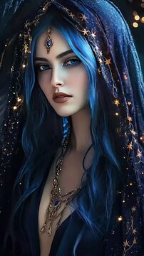 Witch, stands in a moonlit grove, she cradles a crystal, its surface glowing with a soft, milky light.
