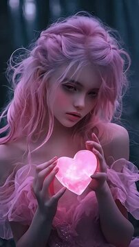 Witch, stands in a moonlit grove, she cradles a crystal, its surface glowing with a soft, milky light.