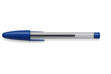 Blue ballpoint pen resting horizontally, casting slim shadow against white translucent surface