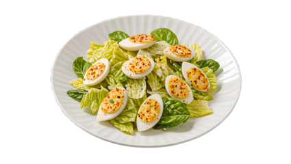 Delightful salad featuring perfectly boiled eggs nestled among fresh greens and crisp lettuce for a refreshing experience at lunchtime Generative AI