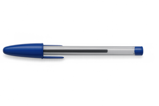 Blue ballpoint pen resting horizontally, casting slim shadow against white translucent surface