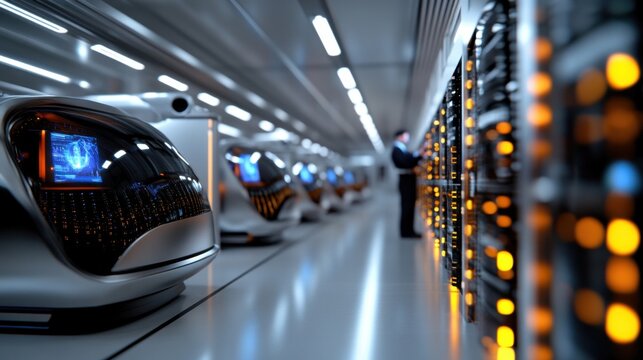 A sleek data center showcases automated systems and rows of servers with bright lights, emphasizing high-tech information processing and efficiency