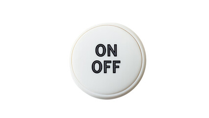 White background, ON/OFF button with a white rim and black text on the top of it. White on/off switch for LED lights or other electrical devices, cut out