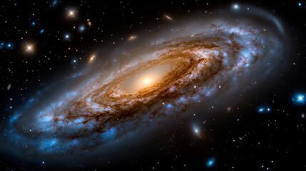 Fototapeta premium A stunning spiral galaxy displays vibrant colors and swirling patterns of cosmic dust and stars, showcasing the beauty of the universe. This celestial body captivates with its intricate structure