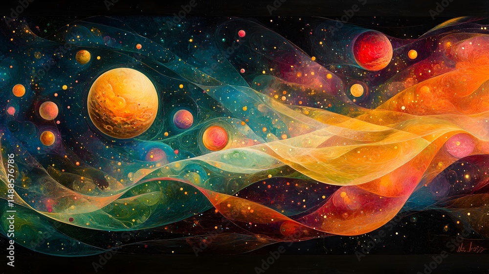 Poster a vibrant abstract of space unfolds with colorful planets amidst flowing nebulae. a dreamy cosmic sc