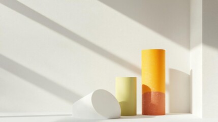 Three cylindrical objects on a white shelf against a white wall. the objects are arranged in a triangular formation, with the largest one in the center and two smaller ones on either side.