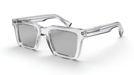 Stylish sunglasses with transparent frame and reflective lenses are displayed