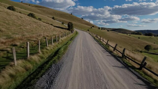 Scenic rural road journey through rolling hills with dramatic clouds in tranquil countryside adventure