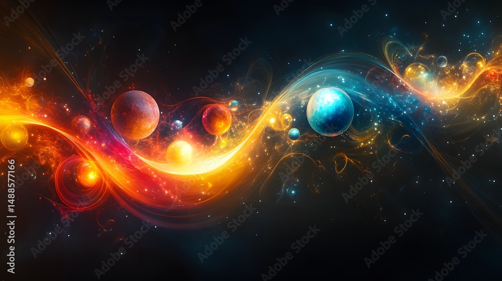 Poster cosmic energy flows across space, transitioning from fiery warmth to cool tranquility. celestial sph