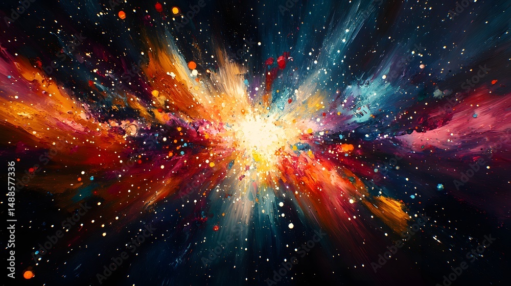 Poster A captivating abstract nebula art featuring explosive colors and dynamic brushstrokes, emulating a cosmic event. Stars accentuate the celestial scale. Astronomy and Galaxy backgrounds.