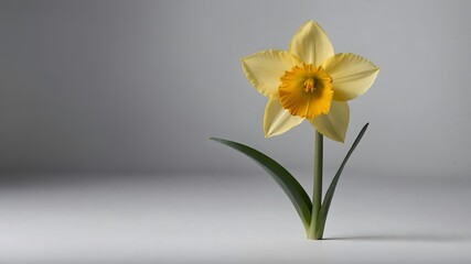 Single yellow daffodil flower on gray background, minimalist spring concept with clean lines and natural floral beauty