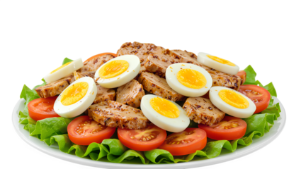 Delicious grilled chicken salad featuring sliced eggs, fresh tomatoes, and crisp lettuce, perfect for a healthy lunch or dinner option all year round Generative AI png