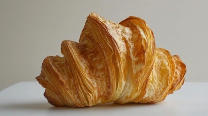 A golden brown croissant with flaky layers sits on a white surface against a light background