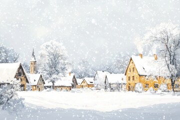 Fototapeta premium A picturesque village blanketed in snow, with cozy houses and trees, under a gentle snowfall in a serene winter landscape.
