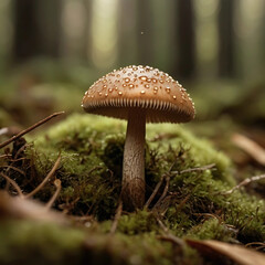 Fototapeta premium Close-Up of Brown Mushroom with Dew in Mossy Forest