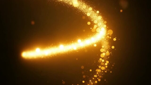 Abstract elegant golden glowing lines falling with glowing lighting effect and bokeh effect on black background. Dust sparkle golden particles rain.
