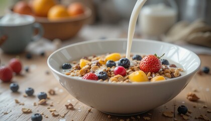 Milk pouring into a bowl of granola with berries and fruit on a wooden table in soft morning light