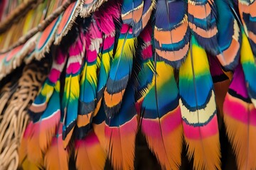 colors feather art from Amazonian tribes with vibrant tropical Brazilian