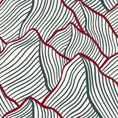 Seamless pattern with stylized mountain range. Stylish graphic surface design, textile print of hand drawn line art mountains. Minimalist texture with striped pattern. Vector illustration. © Yulya i Kot